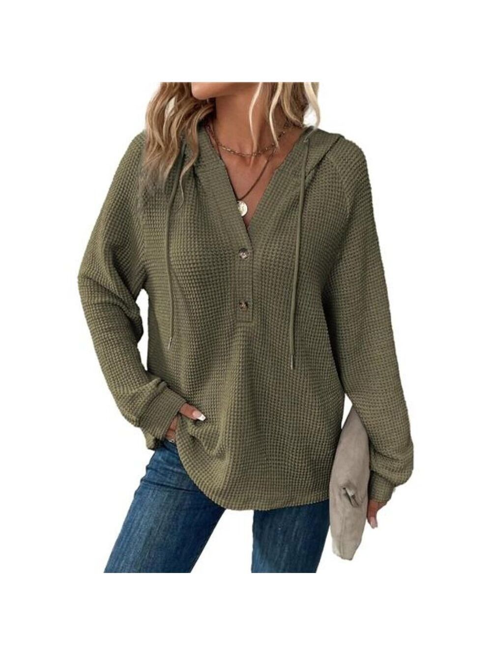 waffle knit hoodie women long sleeve v neck oversized pullover casual sweatshirt